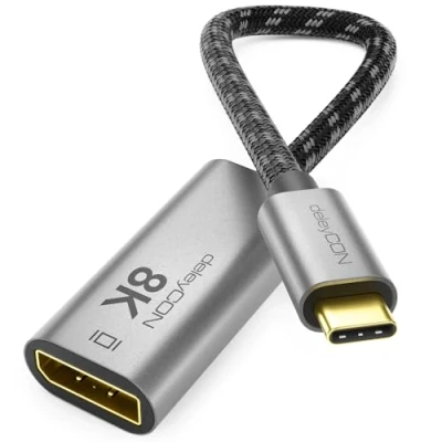 Abbildung von deleyCON 8K USB C auf DisplayPort Adapter Für Monitor (8K@60Hz / 4K@120Hz) aus Aluminium, Thunderbolt 3/4, iPhone 16, 15 Pro Max, MacBook, iPad Pro/Air, Samsung Galaxy S24 S23, Notebook, Tablet