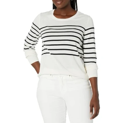 Abbildung von Amazon Essentials Damen Leichter, Langärmeliger Pullover Mit Rundhalsausschnitt (Erhältlich in Übergröße), Schwarz Weiß Platzierter Streifen, S