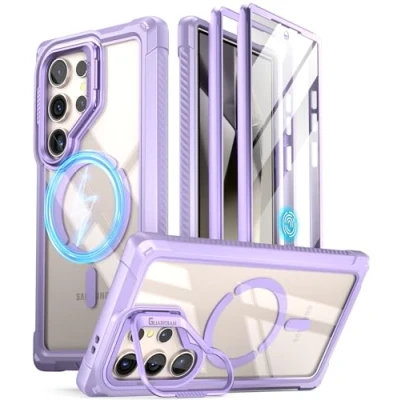 Abbildung von Poetic Guardian Hülle Kompatibel mit Galaxy S24 Ultra 5G 6,8 Zoll, [integrierter Kameraständer] [Displayschutz funktioniert Fingerabdruck ID] Stoßfeste, Ganzkörper Hybrid Schutzhülle, Violett/Klar