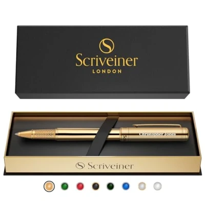 Abbildung von Scriveiner Gold Personalisierter Stift Atemberaubender Luxus Tintenroller mit Finish, Schmidt Tinte, Bestes Graviertes Geschenkset, Custom Name Gravur