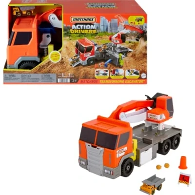 Abbildung von Matchbox Action Drivers Transforming Excavator Spielzeug Baulastwagen mit Bohrstation, Kran und Felsentrichter Muldenkipper, HPD64