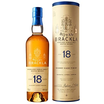 Abbildung von Royal Brackla 18 Jahre alter Highland Scotch Single Malt Whisky in edler Geschenkbox, Palo Cortado Sherryfässern veredelt, ideal als Geschenkset, 46% Vol., 70 cl/700 ml