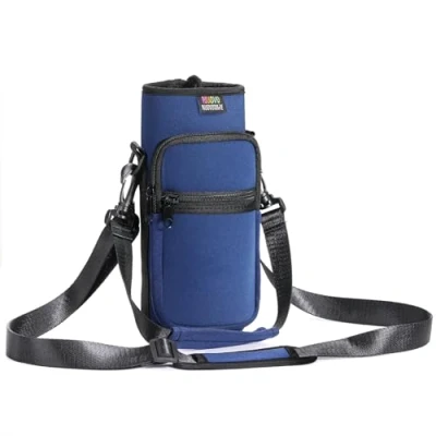 Abbildung von Nuovoware Flaschenhalter Trinkflasche Molle Beutel, 40oz Isolierte Neopren Kessel mit Verstellbar Schultergurt und Front Reißverschluss Tasche für Wandern Laufen Radfahren Jagd Reisen, Indigo
