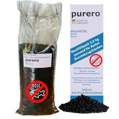 Abbildung von purero® Aktivkohle 2,5 kg Nachfüllpack passend für Berbel Dunstabzugshauben mit Anti Fisch Beschichtung Aktivkohlepellets Made in Germany