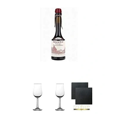 Abbildung von Chateau du Breuil 8 Jahre Pays d&#039; Auge Calvados Frankreich 0,7 Liter + 2 Bugatti Nosing Gläser mit Eichstrich 2cl und 4cl Schiefer Glasuntersetzer eckig ca. 9,5 cm Ø