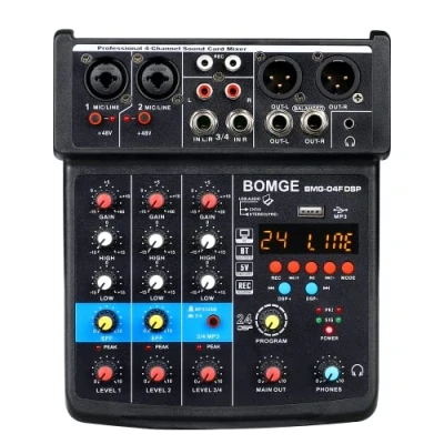 Abbildung von BOMGE 4 Kanal Mini DJ Audio Sound Mixer, Interface mit MP3, USB, Bluetooth, Stereoaufnahme, 48 V Phantomspeisung, 24 DSP für Karaoke, Performance, Kirchengesang und Streaming