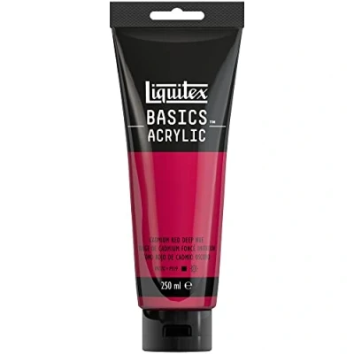 Abbildung von Liquitex 88700223 Basics Acrylfarbe, monopigmentierte Künstlerpigmente, lichtecht, mittlere Viskosität, Archivqualität, seidenglänzender Finish, 250ml Tube Kadmiumrot Dunkel Farbton