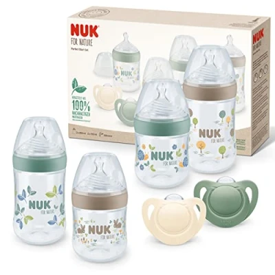 Abbildung von NUK for Nature Perfect Start Set Babyflasche und Schnuller, 0−6 Monate, 100 % natürliche Rohstoffe, 4 x Flaschen (150 ml + 260 ml), 2 Schnuller aus Silikon, BPA frei, 6 Stück