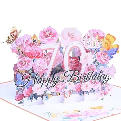 Abbildung von Geburtstagskarte zum 70. 3d blume pop up geburtstag Karte Grußkarten Geschenk mit Umschlag Happy Birthday Greeting Card für siebzig 70 jahre frau, Mütter, Freunden, Familie women wife (Rosa)