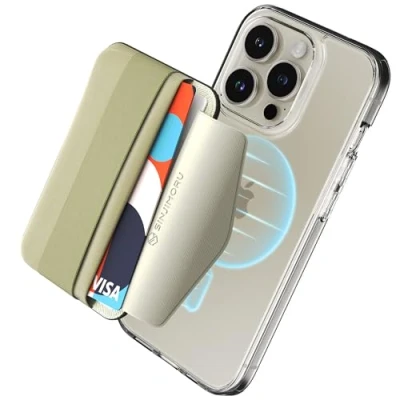 Abbildung von Sinjimoru Magnetischer Handy Kartenhalter für MagSafe mit elastischem Fingerhalter, Kartenetui weichem Band kompatibel Wallet iPhone 16, 15, 14, 13 &amp; 12 Reihe. M Beige