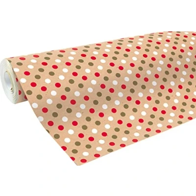 Abbildung von Clairefontaine 223800C Rolle Geschenkpapier aus Kraftpapier 70g 50x0,70m, 100% recycelt, robust und natürlich, ideal zum Verpacken Basteln Geschenke, Punkte rot/weiß/gold, Weihnachten, 1