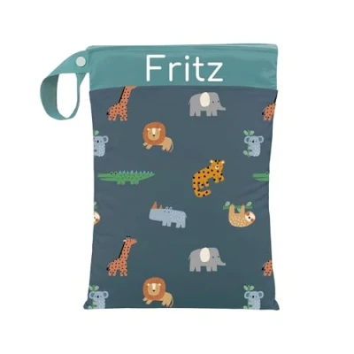Abbildung von Nasstasche für Kita Wechselwäsche, Wasserdicht, Waschbar, mit Reißverschluss, Personalisierbar, Name, Kindergarten, Strand, Sport (Jungle Blue)