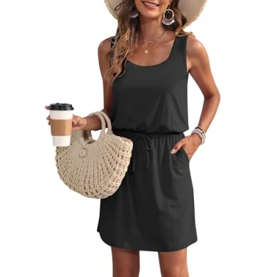 Abbildung von WNEEDU Sommerkleid Damen Ärmellose Strandkleid U Ausschnitt KordelzugKleid Luftiges Kleid Sommer mit Taschen Schwarz 2XL