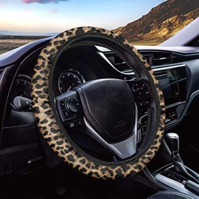 Abbildung von Binienty Universalgröße, Auto Lenkradbezug, Tier Leoparden gestreift, brauner Druck, Stretch Lenkradbezug für LKW, SUV, Van