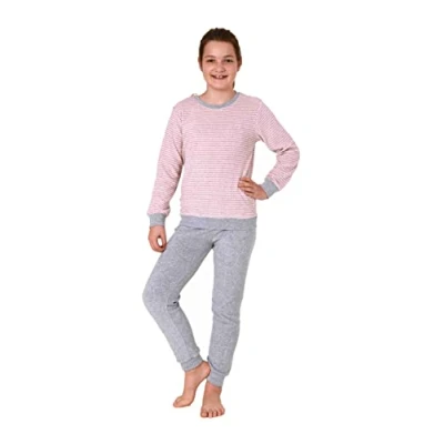 Abbildung von Mädchen Frottee Pyjama Langarm mit Bündchen Schlafanzug Herz Motiv 65498, Farbe:Ringel klein rosa, Größe:158 164