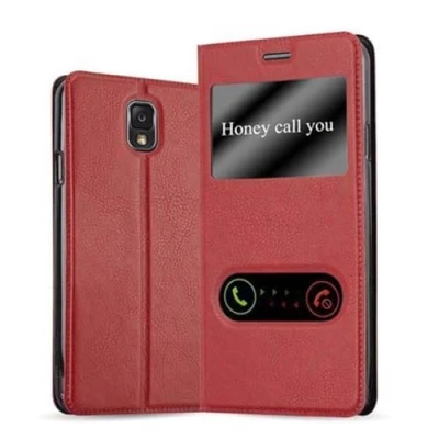 Abbildung von Cadorabo Hülle kompatibel mit Samsung Galaxy Note 3 Sichtfenster aus Kunst Leder Flip Klappbare Stoßfeste Magnetische [Standfunktion] [Kartenfächern] Cover für Tasche in Rot
