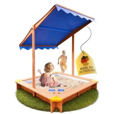 Abbildung von FRIEDO Sandkasten mit Dach (UV80+) &amp; Matschküche 140x140 cm Sandkiste inklusive Bodenvlies gegen Unkraut und Ungeziefer Abdeckung für Kinder (L 140x140cm)