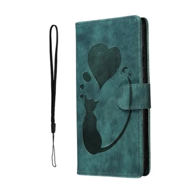 Abbildung von Nodigo EU Kompatibel für Samsung Galaxy A15 4G 5G Leder Hülle Katze Magnetisch Kickstand mit Kartenfach Muster Motiv Design Hüllen Handyhülle Book Wallet Tasche Case Grün B