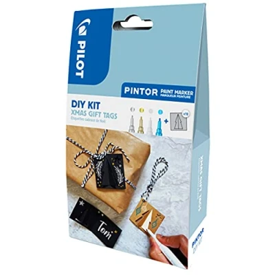 Abbildung von PILOT PINTOR DIY Set Geschenkanhänger für Weihnachten Bastel mit 4x Kreativmarker und 10 individuell gestaltbaren Pappanhängern zum Falten, weihnachtliche Tannenbaum Designs