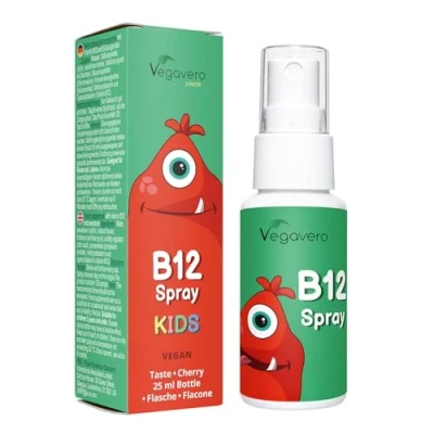 Abbildung von Vitamin B12 Spray für Kinder Vegavero® Vegan &amp; Zuckerfrei 5 µg B 12 in zwei Formen Methylcobalamin Leckerer Kirschgeschmack Immunsystem Energie*