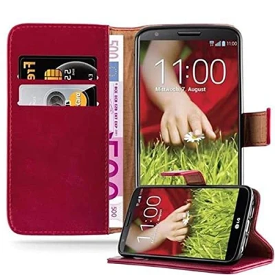 Abbildung von Cadorabo Hülle kompatibel mit LG G2 aus Premium Kunst Leder Flip Klappbare Stoßfeste Magnetische [Standfunktion] [Kartenfächern] Cover für Tasche in Rot