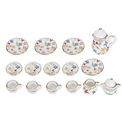 Abbildung von 1:12 Puppenhaus Zubehör, 15 stücke Mini Porzellan Blume Teetasse Set Dekor Küche Miniatur Simulation Möbel Modell für Jungen Mädchen Puppenhäuser(Krawatte 3)
