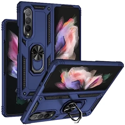 Abbildung von Verco Hybrid Armor Shield Case für Samsung Galaxy Z Fold 3 Hülle, extrem robust mit Magnet Fingerring Halter Handyhülle 5G Panzerhülle, Blau