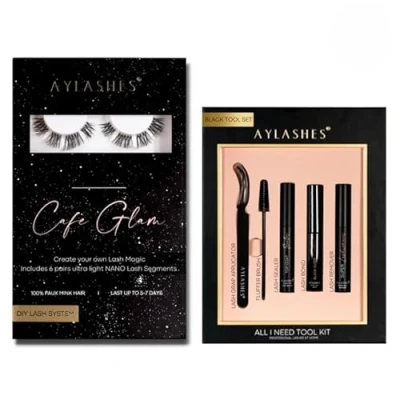 Abbildung von AYLASHES DIY Wimpernextensions Starter Set CAFE GLAM 6 Paar Wimpern, Applikator, Wimpernkleber, Top Coat Sealer schwarz, Lash Remover Wimpern für zu Hause bis 7 Tage Halt