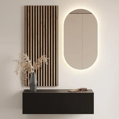 Abbildung von Planetmöbel Flur Möbel Garderobe 1x 100cm schwarz, Wandpaneel 50cm Gold Eiche/Anthrazit mit Spiegel (ohne LED), Wandgarderobe 32,5H x 100B 37,8T cm