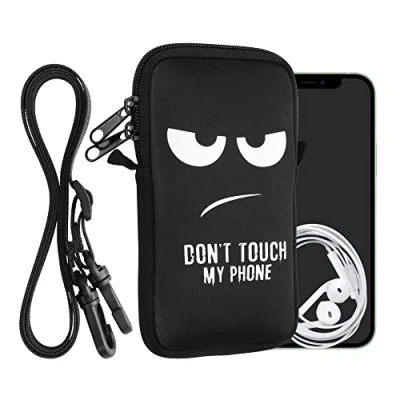 Abbildung von kwmobile Handytasche für Smartphones L 6,5&quot; Neopren Handy Hülle Weiß Schwarz Tasche mit Kette 16,5 x 8,9 cm Innenmaße Don&#039;t Touch My Phone