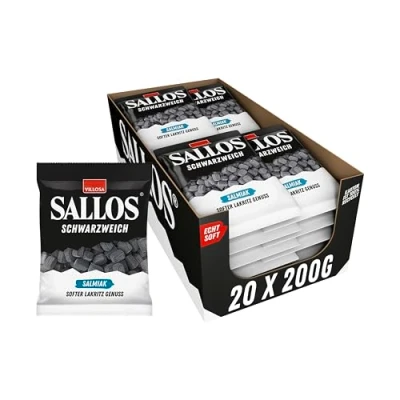 Abbildung von SALLOS Schwarzweich Salmiak Vorrats Pack Lakritz mit Salz, aus natürlichem Süßholzsaft, würziges Salzlakritz, vegan, im Pack, 20 x 200 g