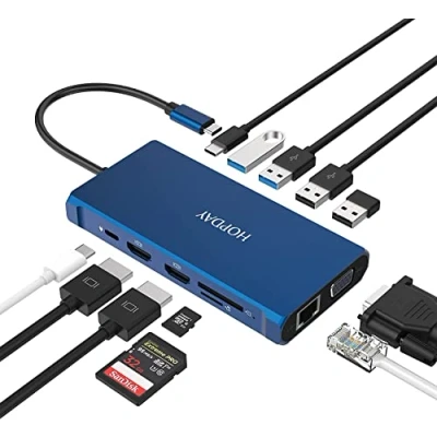 Abbildung von HOPDAY Docking Station, USB C Station 12 in 1 Triple Display mit 2 4K HDMI,VGA, Gigabit Ethernet,100W PD,5Gbps 3.0 Hub,SD/TF Kartenleser, 3.5mm Audio/Mic für Dell/HP/Lenovo/MacBook Pro