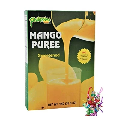 Abbildung von yoaxia ® [ 1kg ] Philippine BRAND MangoPüree / MANGO Fruchtmark GESÜßT PUREE + ein kleines Glückspüppchen Holzpüppchen