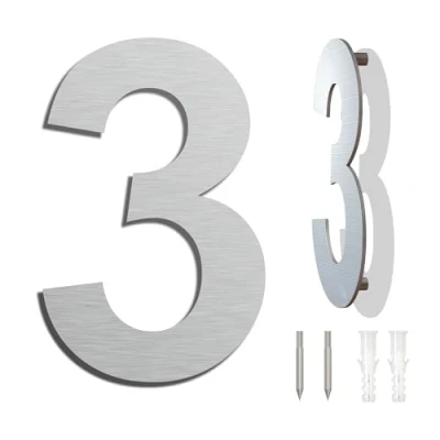 Abbildung von Edelstahl Hausnummer Wetterfest und Pflegeleicht Metallic Mattes Silber Finish Moderner Schwebender Aussehen Einfache Installation Höhe 152 mm Arial Ziffer 3