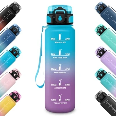 Abbildung von HoneyHolly Trinkflasche Sport, Auslaufsicher 1L, Wasserflasche, Zeitmarkierung und Motivierende, Kohlensäure Geeignet, Trinkflaschen mit Filter, für Fahrrad Outdoor Yoga Gym Fitness