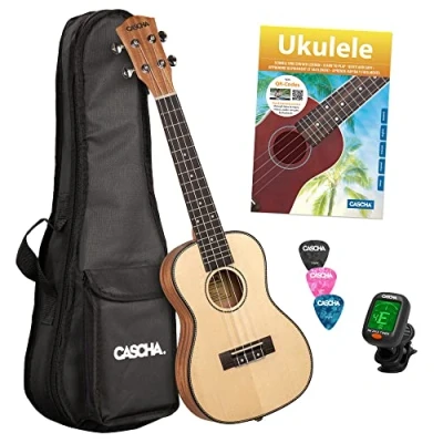 Abbildung von CASCHA Konzert Ukulele, Massive Fichtendecke, Solid Top, Hawaii Gitarre Starter Lern Set mit Zubehör, Aquila Saiten, Anfänger Buch, Tasche, Stimmgerät und 3 Plektren