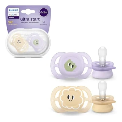 Abbildung von Philips Avent ultra start Schnuller, kiefergerecht geformter Schnuller für Neugeborene im Alter von 02 Monaten, BPA frei, mit Sterilisations /Transportbehälter, Doppelpack, Lila/Orange, SCF075/03
