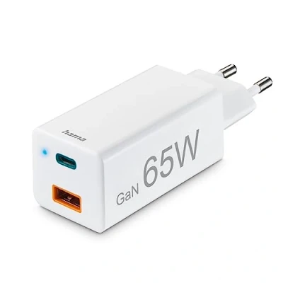 Abbildung von Hama USB C Ladegerät 65W (2 Port Netzteil + A, Schnellladegerät mit Quick Charge 3.0 u. Power Delivery, GaN Technologie, Universal für Handy, Tablet, Laptop) weiß