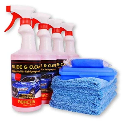 Abbildung von ABACUS® Reinigungsknete blau mittelstark mit 4X 750 ml Gleitmittel Slide &amp; CLEAN und Mikrofasertücher