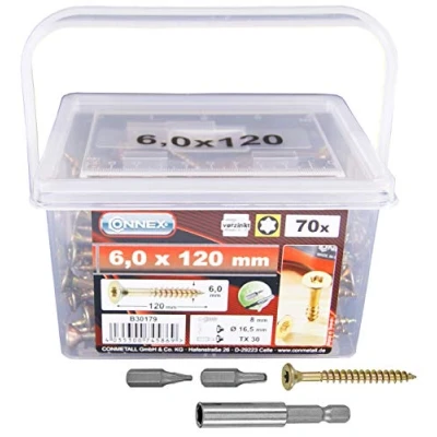Abbildung von Connex Universalschrauben 6,0 x 120 mm 70 Stück im Set Senkkopf TX Antrieb Teilgewinde Gelb verzinkt Inkl. Magnethalter &amp; 2 Bits / Schrauben Eimer B30179