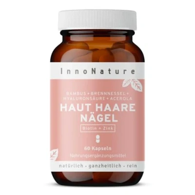 Abbildung von Natürlicher Haut, Haare &amp; Nägel Komplex mit Haar Vitamin Biotin, Zink (Zinkbisglycinat), Hyaluronsäure (500 700 kDa), Bambus (Silizium), Brennesselsamen, Hagebutte (VitaminC) + E. 60 Kapseln.