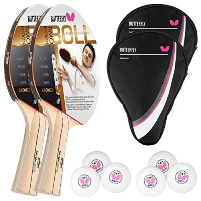 Abbildung von Butterfly 2x Timo Boll Bronze 85010 Tischtennisschläger + Hülle 6x Bälle
