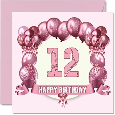 Abbildung von Stuff4 Lustige Geburtstagskarte zum 12. Geburtstag für Mädchen Geburtstagsballons Happy Birthday Karte Sohn, Tochter, Bruder, Schwester, Enkel, Enkelin, Nichte, Neffe, Cousin, 145 mm x