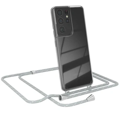 Abbildung von EAZY CASE Handy Chain kompatibel mit Samsung Galaxy S21 Ultra, Handykette Tasche transparent, Stoßfeste Soft Silikon TPU, Stylische Kette Hülle für, Grau/Weiß Verschlüssen in Silber