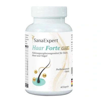 Abbildung von SanaExpert® Haar Forte Gold Vitamin B12, Melanin und Bambusblattextrakt. Vitamine für Haare Nägel, 60 Kapseln. 1 Monats Kur. Hergestellt geprüft in Deutschland.