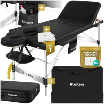 Abbildung von tectake® Massageliege 3 Zonen, Massagetisch, klappbar, höhenverstellbare Aluminium Massageliege, Massagebett tragbar inkl. Zubehör, Kopfstütze, Armlehne, Tragetasche schwarz