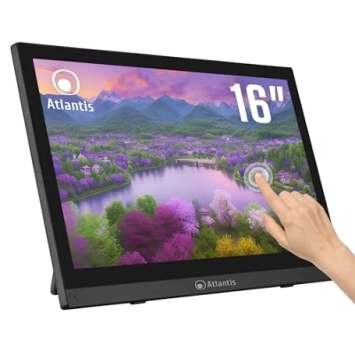 Abbildung von Atlantis A05 T16A VHM 16 Zoll Touch Monitor, Bildschirm, 10 Touchscreen, Full HD 1920x1080, HDMI VGA, neigbar 15 50, 7H Schutzglas, Kontrast 800:1, 170/170 Winkel,Vesa 75