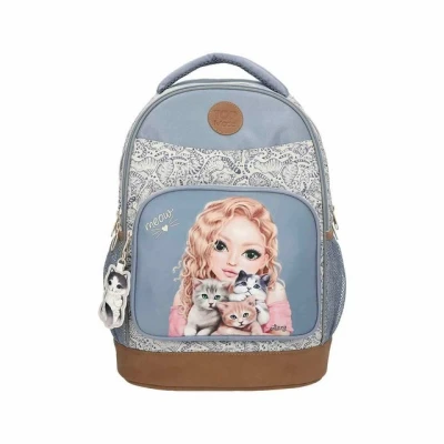 Abbildung von Depesche 13276 TOPModel Schulrucksack in Hellblau und Creme, mit Model Motiv Katzen Muster, Schultasche verstellbaren Trägern
