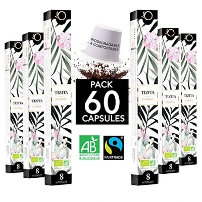 Abbildung von Nespresso Kapseln Kompatibel BIO FAIRTRADE Arabica Kaffee in Biologisch abbaubar TIZITA Sortenreiner Äthiopien (Mokka), 60 Kaffeekapseln Traditionelle Röstung