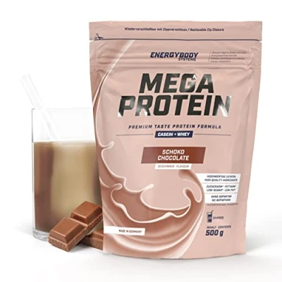 Abbildung von Energybody Mega Protein &quot;Schoko&quot; 500 g / Mehrkomponenten Pulver mit Casein Whey Mix als Eiweiss Eiweiß Shake ohne Aspartam/ Eiweißpulver 20 Portionen